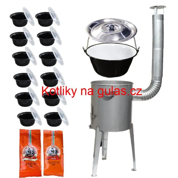 Smaltovaný kotlík 22 L (1,2 mm) + nerezová kotlina 42 cm LUXUS + misky 12 ks + 2 x pepř na guláš 100 g