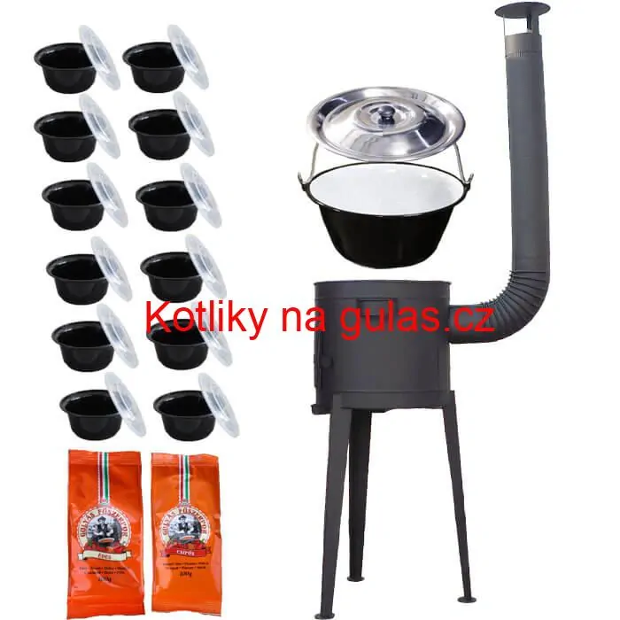 Smaltovaný kotlík 22 L (1,2 mm) + vysoká žáruvzdorná kotlina (1,5 mm) HODO 42 cm PLUS 600 + misky 12 ks + 2 x pepř na guláš 100 g
