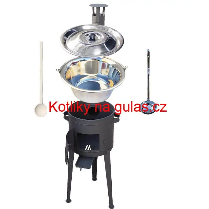 Nerezový kotlík 20 L (1,2 mm) INOX + vysoká žáruvzdorná kotlina (2,0 mm) HODO 42 cm PLUS 600 + vařečka + naběračka