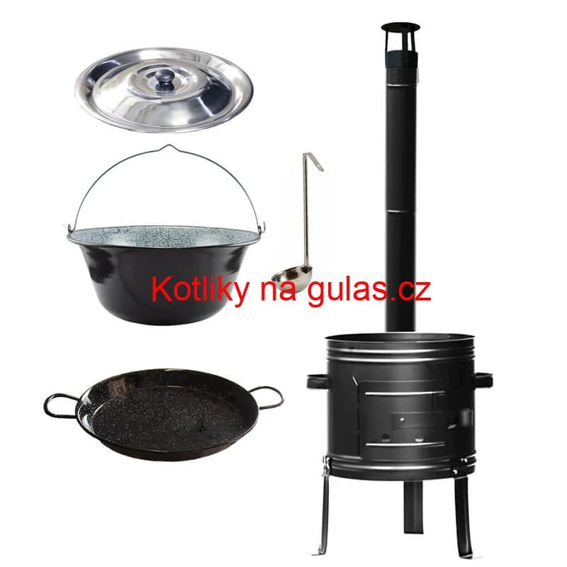 Smaltovaný kotlík 25 L + kovová kotlina + smaltovaná pánev 46 cm Paella
