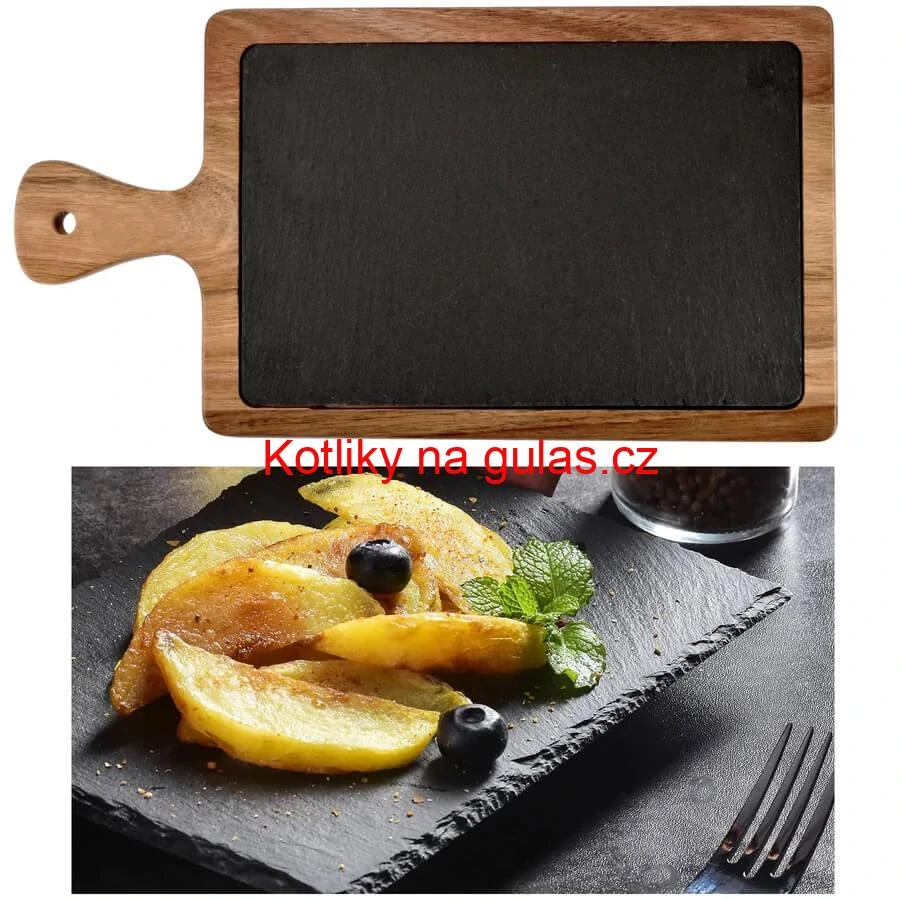 Servírovací podnos s břidlicovou deskou a rukojetí z akáciového dřeva 26 x 18 cm