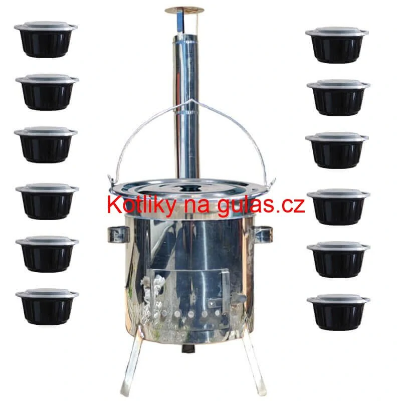Nerezový kotlík 14 L (0,8 mm) INOX + Nerezová kotlina 36 INOX LUSTRO + misky 12 ks