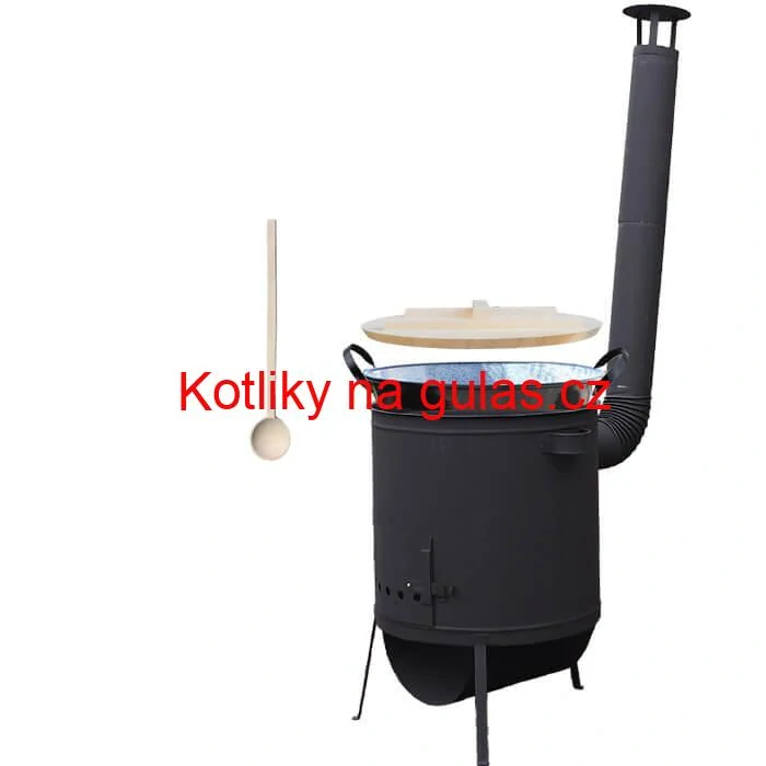 Zabijačkový smaltovaný kotel 100 L, žáruvzdorná kotlina 42 PLUS 600 4 MM, dřevěná poklice + vařečka
