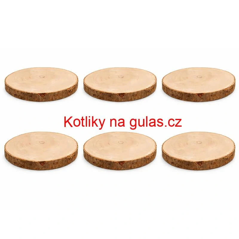 Sada 6 dřevěných podnosů z přírodního plátku dřeva s kůrou Ø 20–24 cm