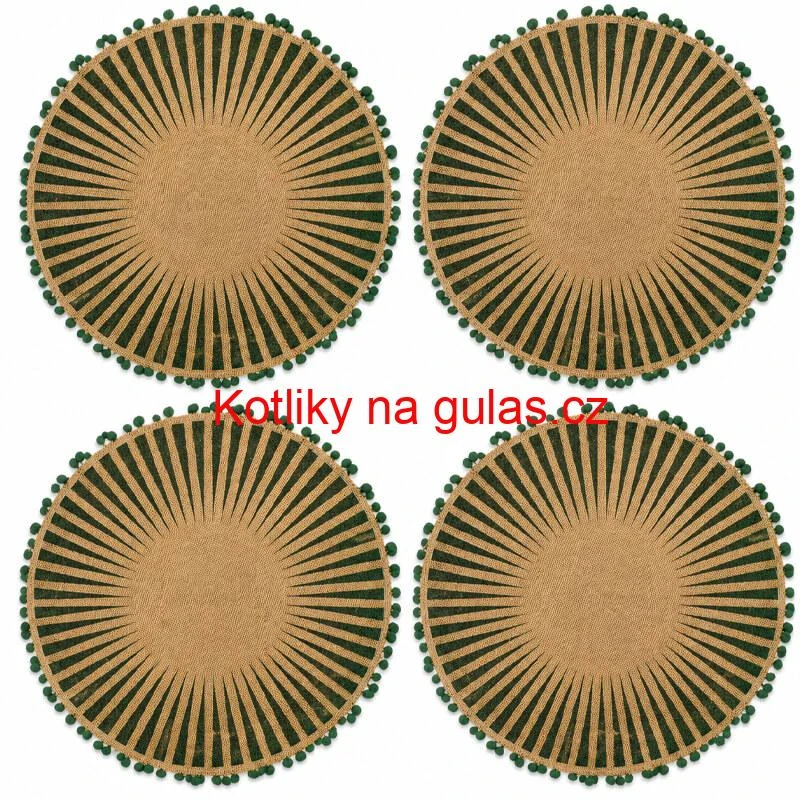 Kulaté jutové podložky pod talíř zelené s bambulkami 37 cm, 4 ks
