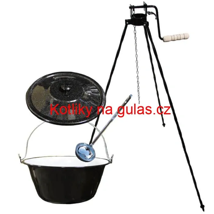 Smaltovaný kotlík 25 L + poklice + stojan s kladkou VAR