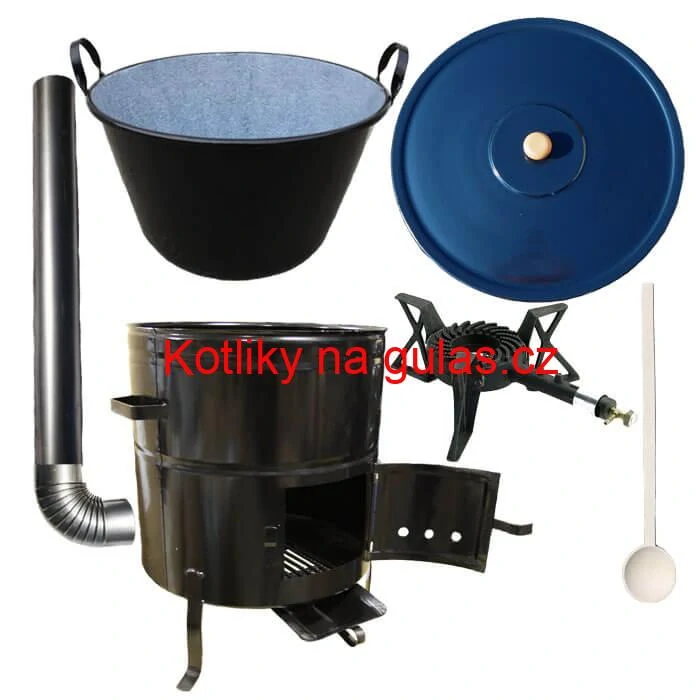 Zabijačkový smaltovaný kotel 60 L + kovová kotlina 53 cm + hořák 7 kW + kouřovod