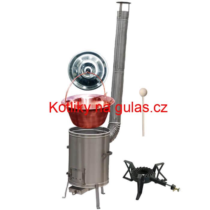 Měděný kotlík 10 L (1,2 mm) + nerezová kotlina 36 cm + litinový hořák 7 kW, vařečka LUX
