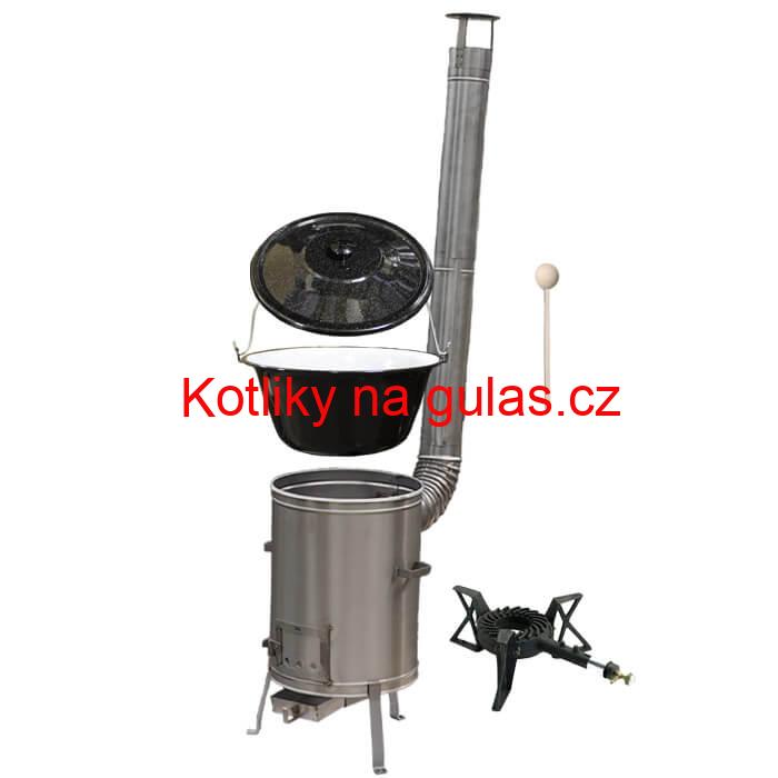 Smaltovaný kotlík 20 L (1,2 mm) + nerezová kotlina 42 cm + litinový hořák 7 kW, vařečka LUX