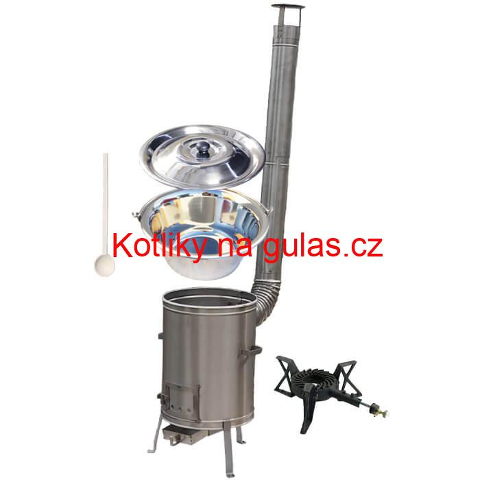 Nerezový kotlík 14 L (0,8 mm) + nerezová kotlina 36 cm + litinový hořák 7 kW, vařečka LUX