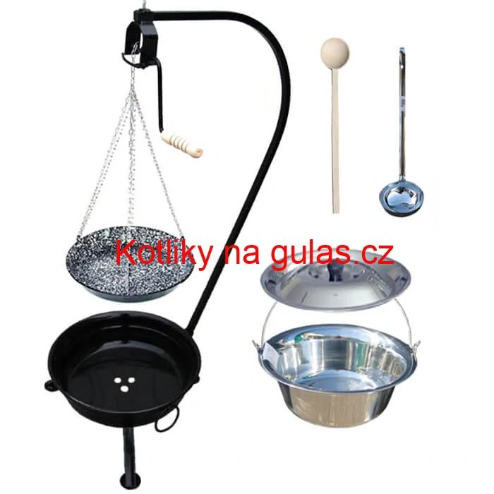 Nerezový kotlík 15 L (1,2 mm) INOX + smaltovaná pánev + ohniště se stojanem as pojistnou kladkou VAR