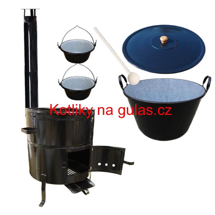 Zabijačkový smaltovaný kotel 80 L + kovová kotlina 58 cm + 2 servírovací kotlíky  a kouřovod