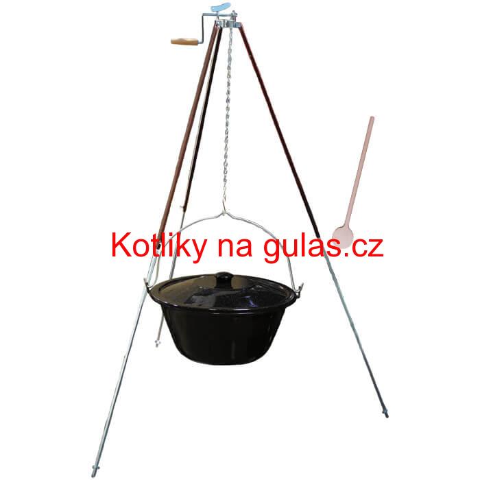 Smaltovaný kotlík 30 L (1,2 mm) + teleskopická trojnožka s pojistnou kladkou + poklice