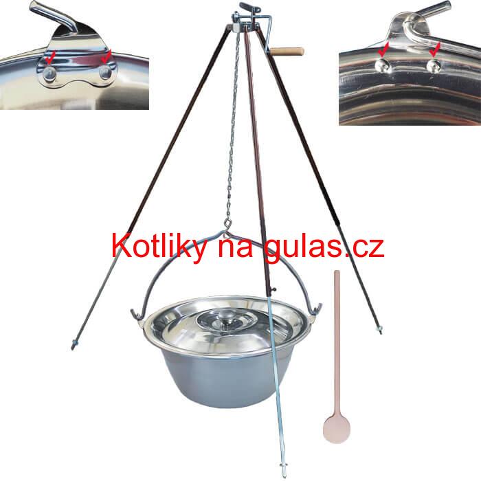 Nerezový kotlík 15 L (0,8 mm) s nýty + teleskopická trojnožka s pojistnou kladkou + poklice