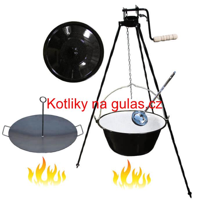 Smaltovaný kotlík 16 L (1,2 mm) + pánev na grilování a stojan s kladkou VAR
