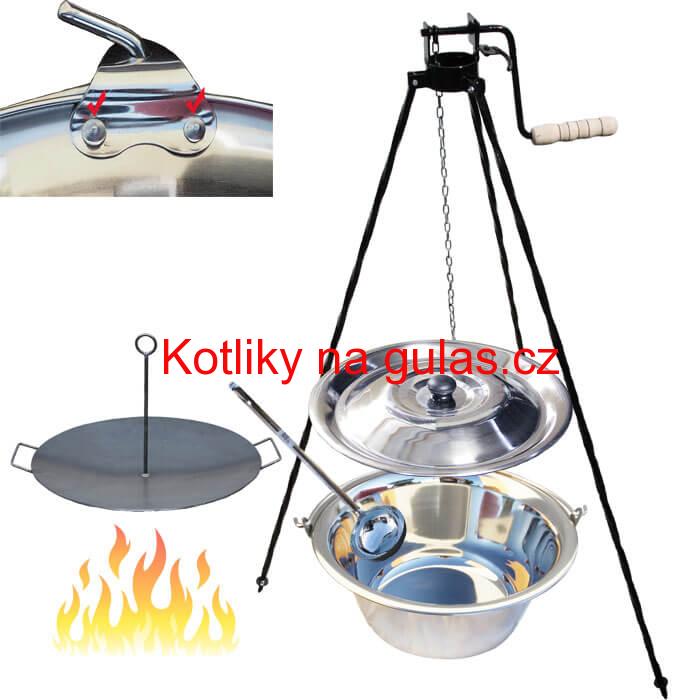 Nerezový kotlík 15 L (0,8 mm) s nýty + pánev na grilování a stojan s kladkou VAR