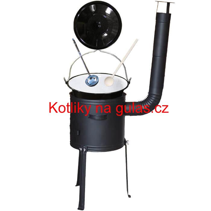 Smaltovaný kotlík 13 L (1,2 mm) + kovová kotlina s vysokými nožičkami 36 cm, žáruvzdorná barva Plus 700 + vařečka a naběračka