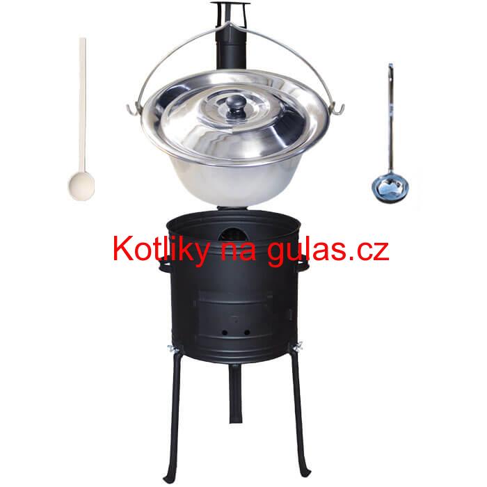Nerezový kotlík 22 L (0,8 mm) + kovová kotlina s vysokými nožičkami 42 cm, žáruvzdorná barva Plus 700 + vařečka a naběračka