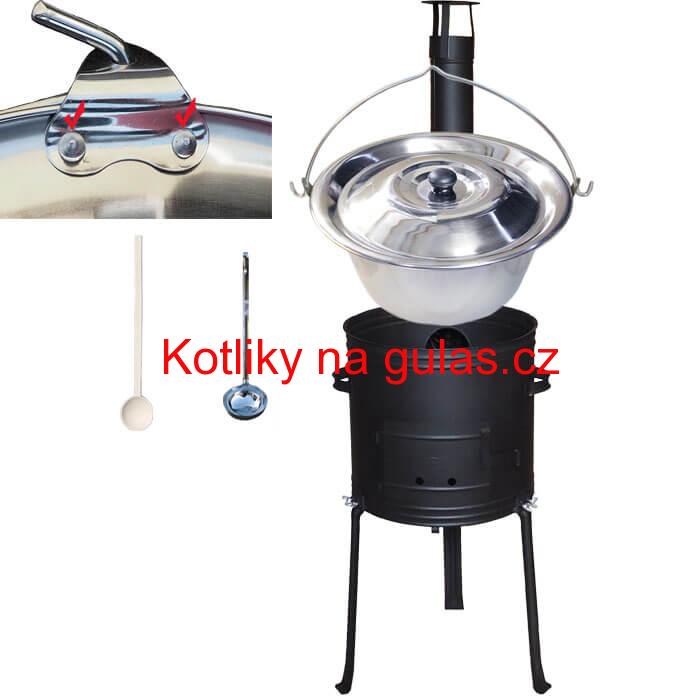 Nerezový kotlík 20 L (0,8 mm) zesílený s nýty + kovová kotlina s vysokými nožičkami 42 cm, žáruvzdorná barva Plus 700 + vařečka a naběračka