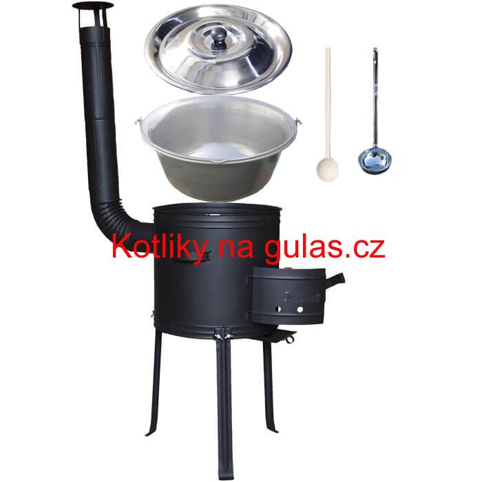 Nerezový kotlík 15 L (1,5 mm) + kovová kotlina s vysokými nožičkami 36 cm, žáruvzdorná barva Plus 700 + vařečka a naběračka