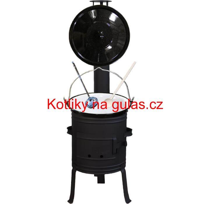 Smaltovaný kotlík 10 L (1,2 mm) + nízká žáruvzdorná kotlina 33 cm PLUS 700 + vařečka a naběračka