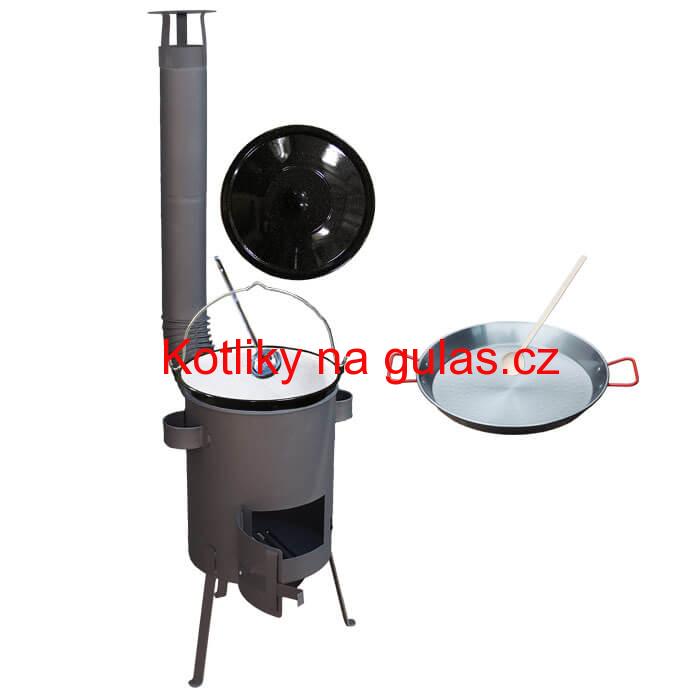 Smaltovaný kotlík 16 L + Paella ocelová pánev 42 cm + žáruvzdorná kotlina 39 PLUS 600 s roštem na popel 4 mm