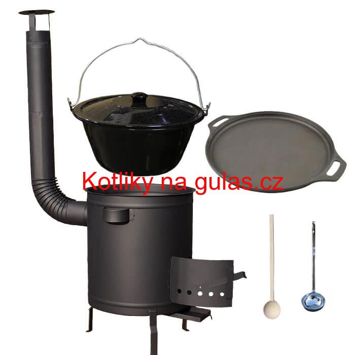 Smaltovaný kotlík 20 L (1,2 mm) + Litinová pánev 43 cm + silnostěnná (1,5 mm) a žáruvzdorná kotlina 42 PLUS 600