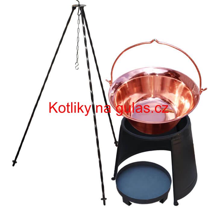 Měděný kotlík 10 L (1,2 mm) + chránič plamene 37 cm + ohniště 36 cm + trojnožka 1,2 m