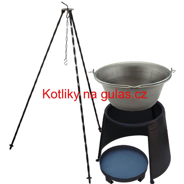 Železný kotlík 6 L (0,75 mm) + chránič plamene 32 cm + ohniště 36 cm + trojnožka 1,2 m