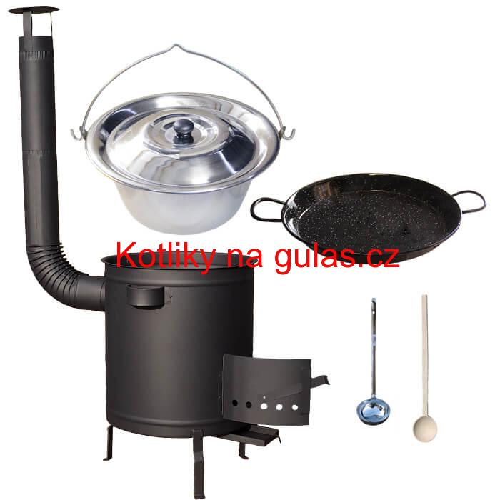 Nerezový kotlík 14 L (0,8 mm) + Paella pánev 38 cm + silnostěnná (1,5 mm) žáruvzdorná kotlina (1,5 mm) 36 PLUS 600