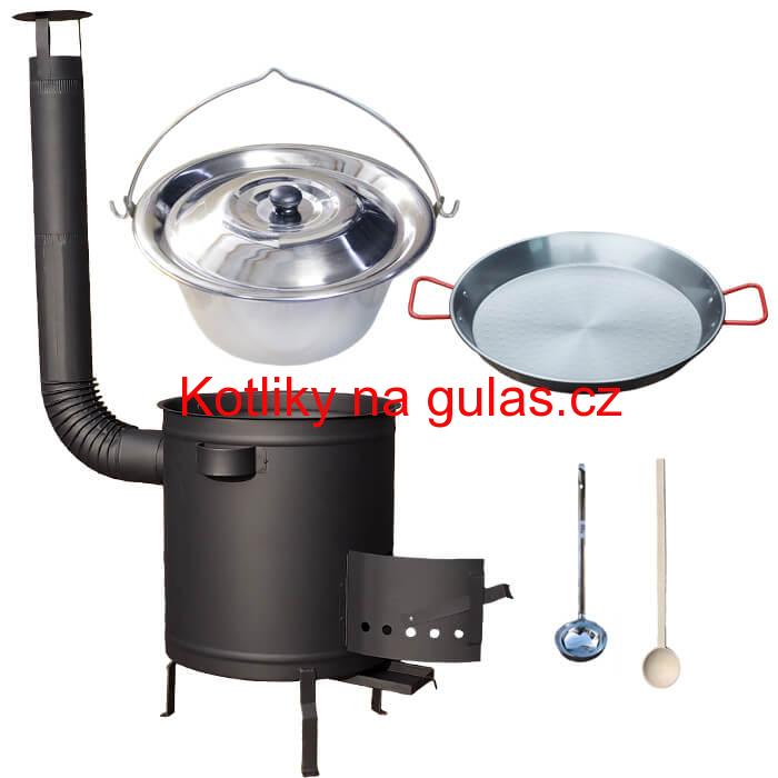 Nerezový kotlík 14 L (0,8 mm) + Paella pánev 38 cm + silnostěnná (1,5 mm) žáruvzdorná kotlina (1,5 mm) 36 PLUS 600