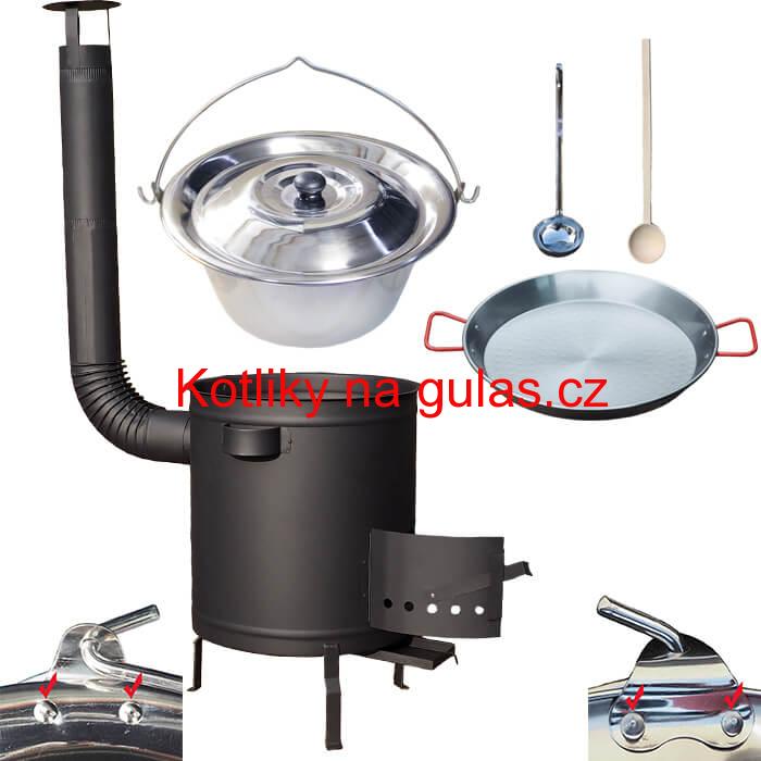 Nerezový kotlík 15 L (0,8 mm) zesílený s nýty + Paella pánev 38 cm + silnostěnná (1,5 mm) žáruvzdorná kotlina 36 PLUS 600