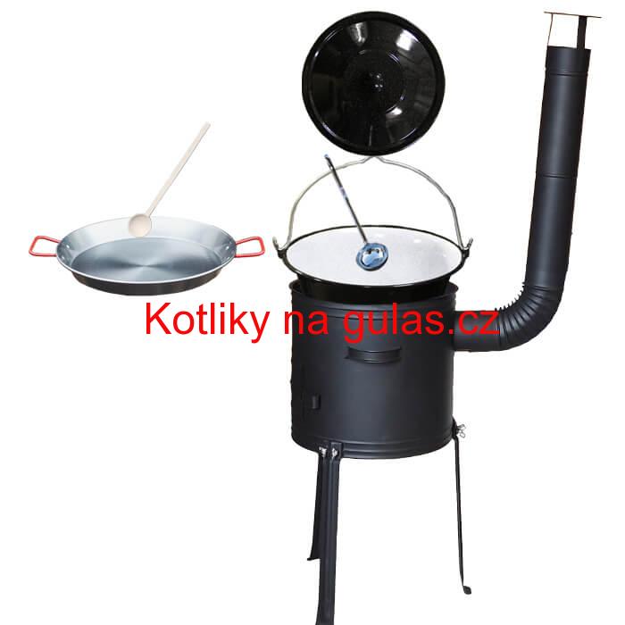 Smaltovaný kotlík 20 L + Paella pánev 46 cm + kovová kotlina s vysokými nožičkami 42 cm, žáruvzdorná barva Plus 700