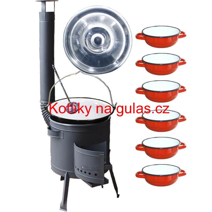 Smaltovaný kotlík 25 L + selské misky 6 ks + nízká žáruvzdorná kotlina 42 cm PLUS 600