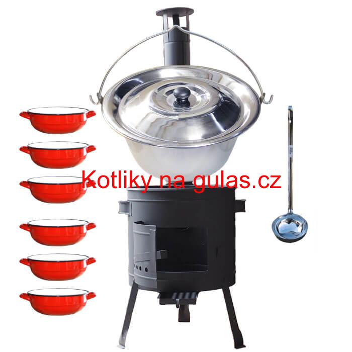Nerezový kotlík 20 L (1,2 mm) INOX + selské misky 6 ks + nízká žáruvzdorná kotlina 42 cm PLUS 600