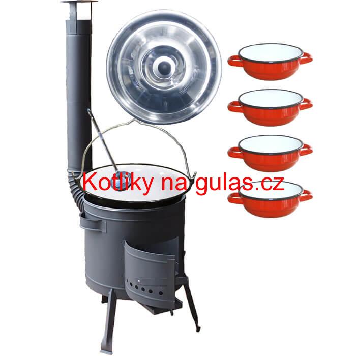 Smaltovaný kotlík 20 L + selské misky 4 ks + nízká žáruvzdorná kotlina 42 cm PLUS 600
