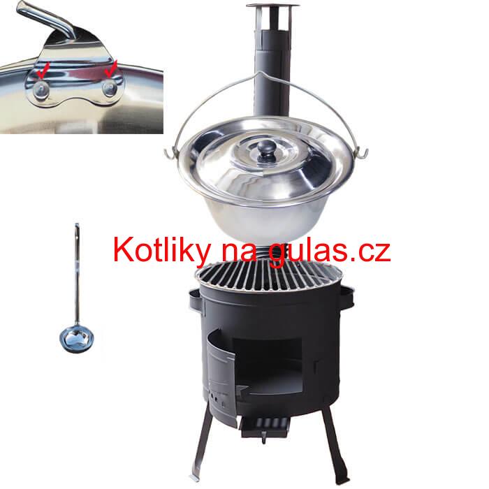 Nerezový kotlík 20 L (0,8 mm) s nýty INOX + Nerezový rošt 45 cm + nízká žáruvzdorná kotlina 42 cm PLUS 600