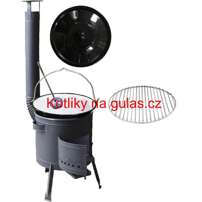 Smaltovaný kotlík 25 L + Nerezový rošt 45 cm + nízká žáruvzdorná kotlina 42 cm PLUS 600