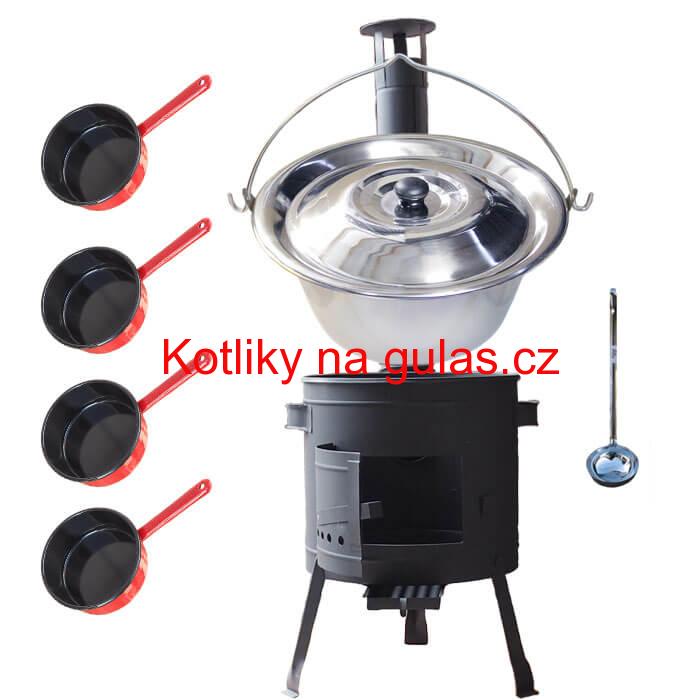 Nerezový kotlík 22 L (0,8 mm) INOX + smaltované rendlíky 4 ks + nízká žáruvzdorná kotlina 42 cm PLUS 600