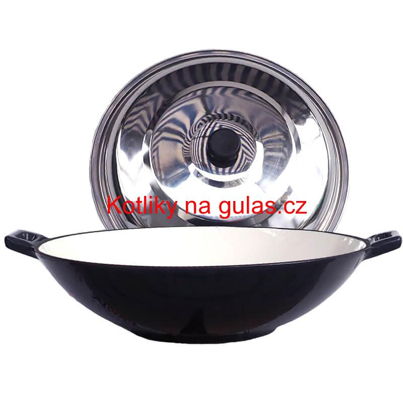 Litinový wok – smaltovaný povrch 37 cm + nerezová poklice