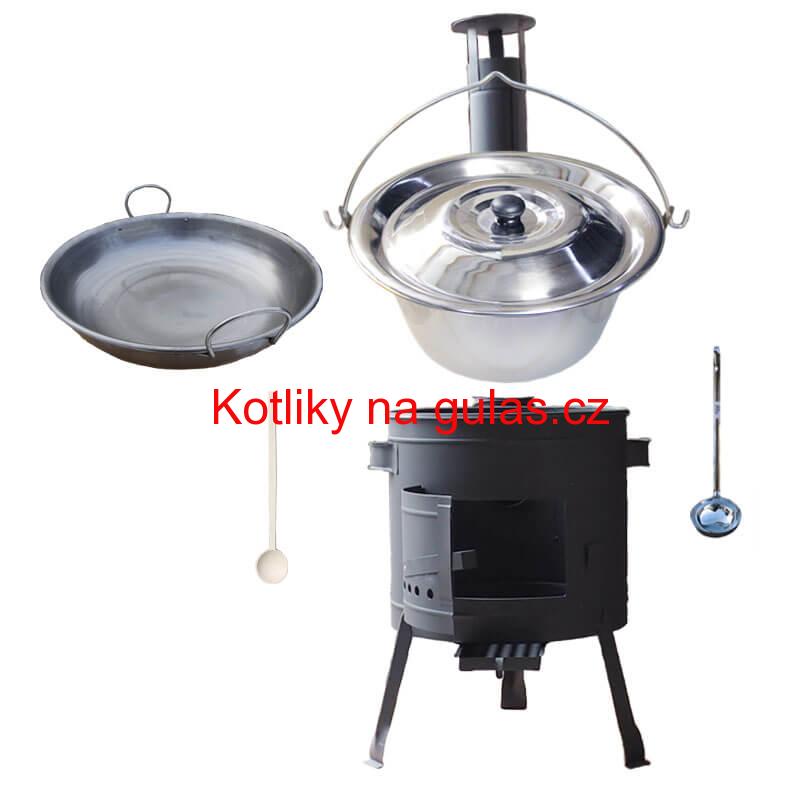 Nerezový kotlík 20 L (1,2 mm) + železná pánev 46 cm WOK + nízká žáruvzdorná kotlina 42 cm PLUS 600