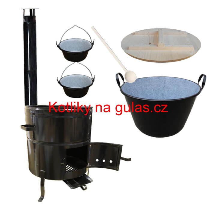Zabijačkový smaltovaný kotel 100 L + kovová kotlina 58 cm + 2 servírovací kotlíky  a kouřovod