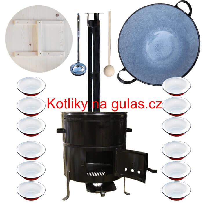 Smaltovaný kotel 100 L + smaltované talíře 12 ks vařečka a naběračka BIG PARTY