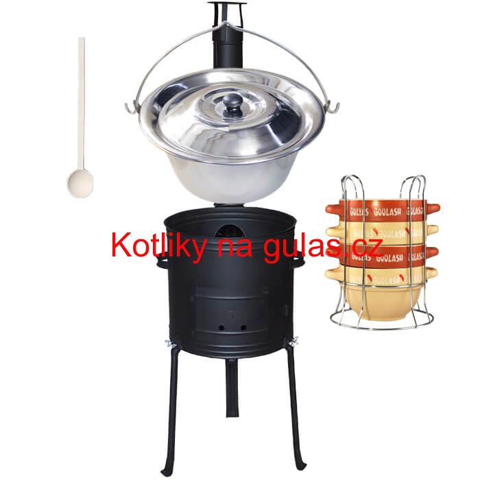 Nerezový kotlík 22 L (0,8 mm) INOX + misky na guláš 4 ks + nízká žáruvzdorná kotlina 42 PLUS 700