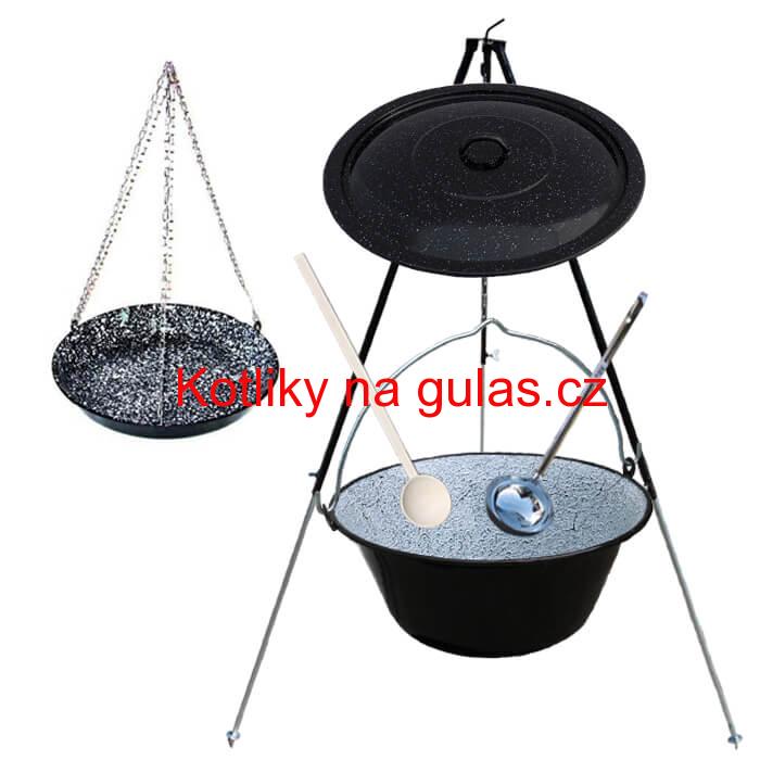 Smaltovaný kotlík 30 L + pánev na grilování + teleskopická trojnožka