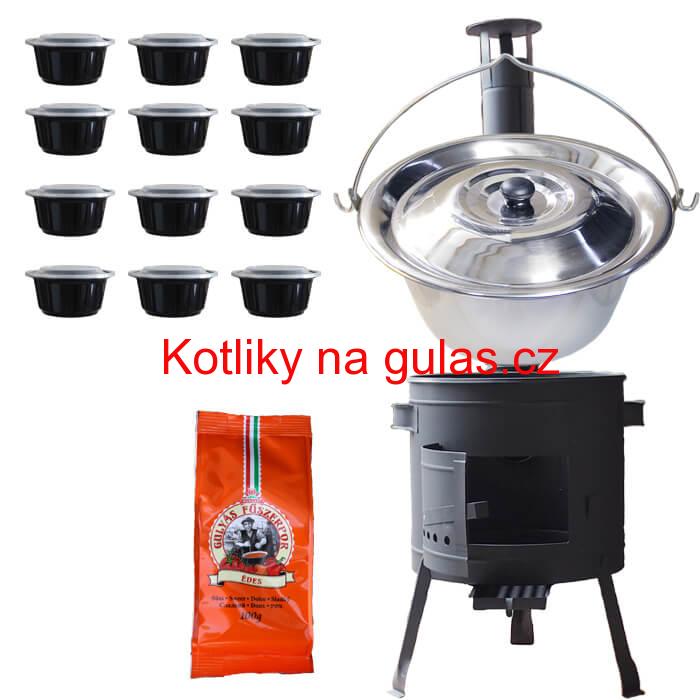 Nerezový kotlík 22 L (0,8 mm) + pepř na guláš 100 g + misky 12 ks + nízká žáruvzdorná kotlina (0,8 mm) 42 PLUS 600