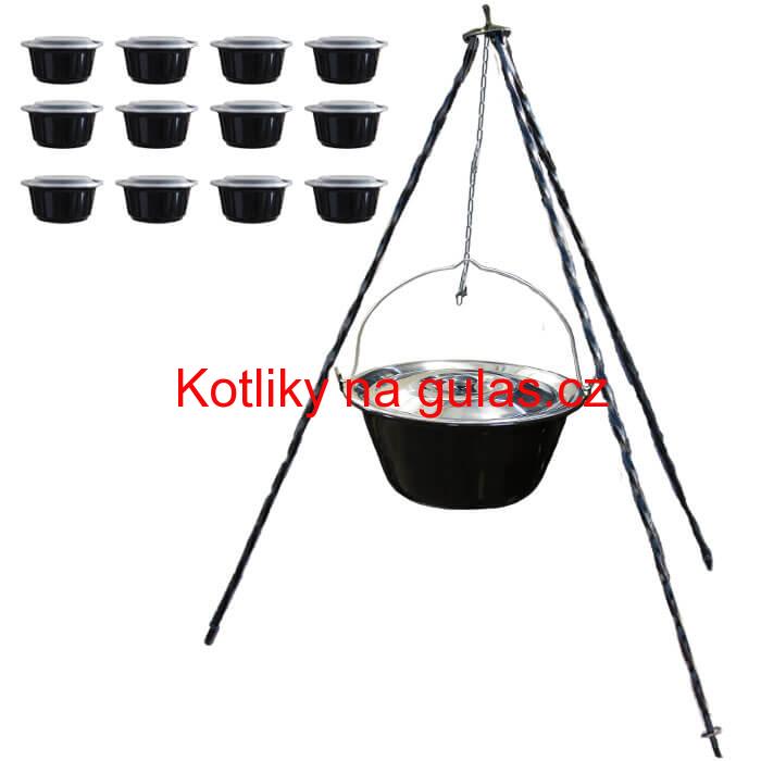 Smaltovaný kotlík 13 L (1,2 mm) + nerezová poklice + trojnožka 1,20 m + misky 12 ks