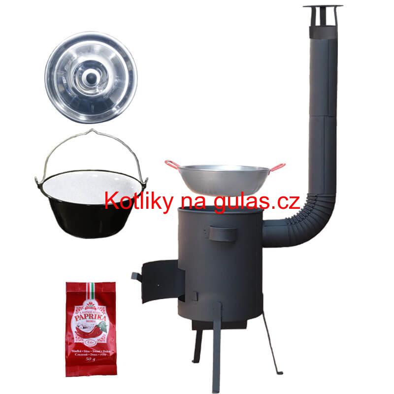 Smaltovaný kotlík 22 L + Pánev PAELLA (WOK) 45 cm + sladká paprika 50 g + žáruvzdorná kotlina 42 PLUS 600 s roštem na popel 4 mm