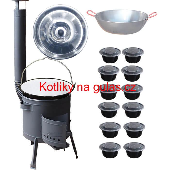 Smaltovaný kotlík 22 L + Pánev PAELLA (WOK) 45 cm + misky 12 ks + nízká kotlina 42 PLUS 600
