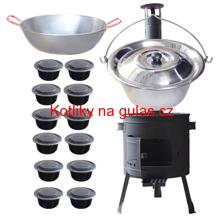 Nerezový kotlík 22 L (0,8 mm) INOX + Pánev PAELLA (WOK) 45 cm + misky 12 ks + nízká kotlina 42 PLUS 600